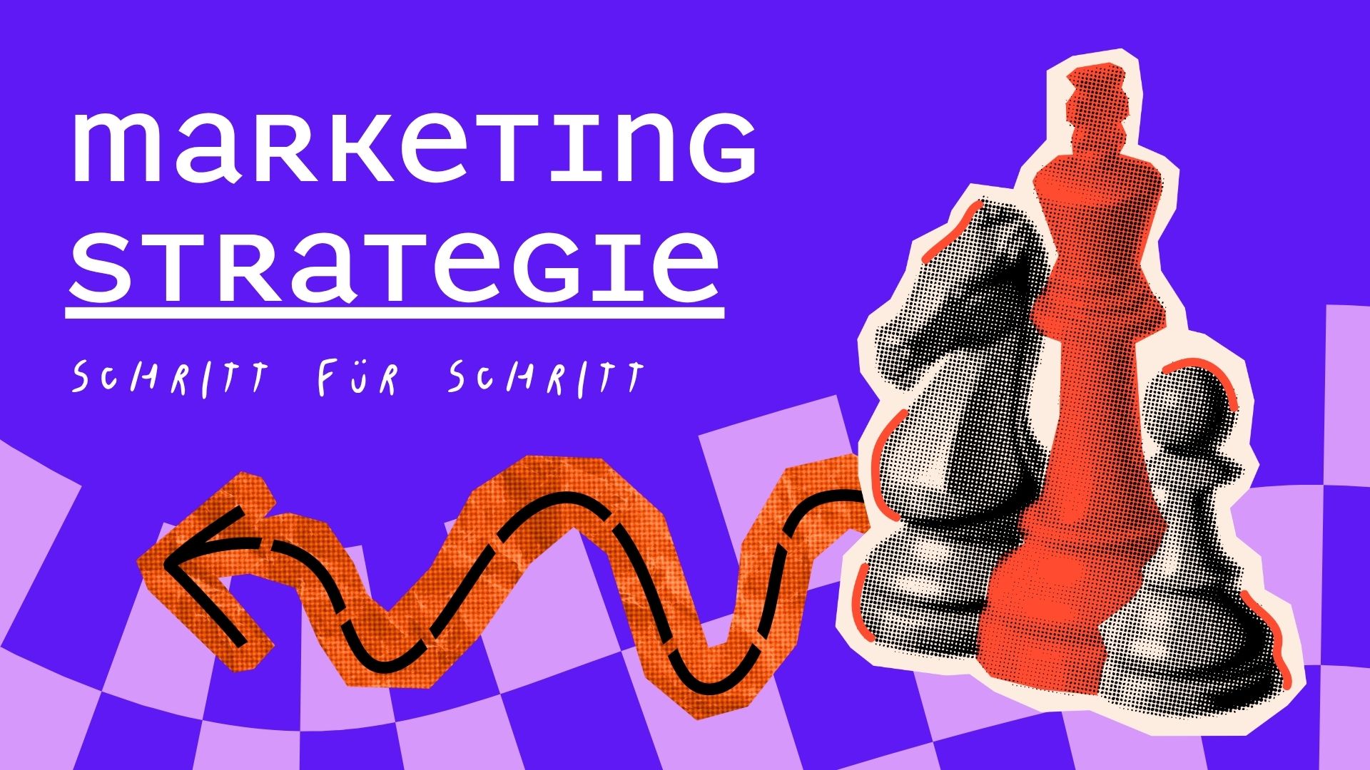 Titelbild für den Blogbeitrag "Strategieentwicklung". Darauf erkennt man mehrere Schachfiguren auf einem welligen Schachbrett. Ein Pfeil führt sie nach links.